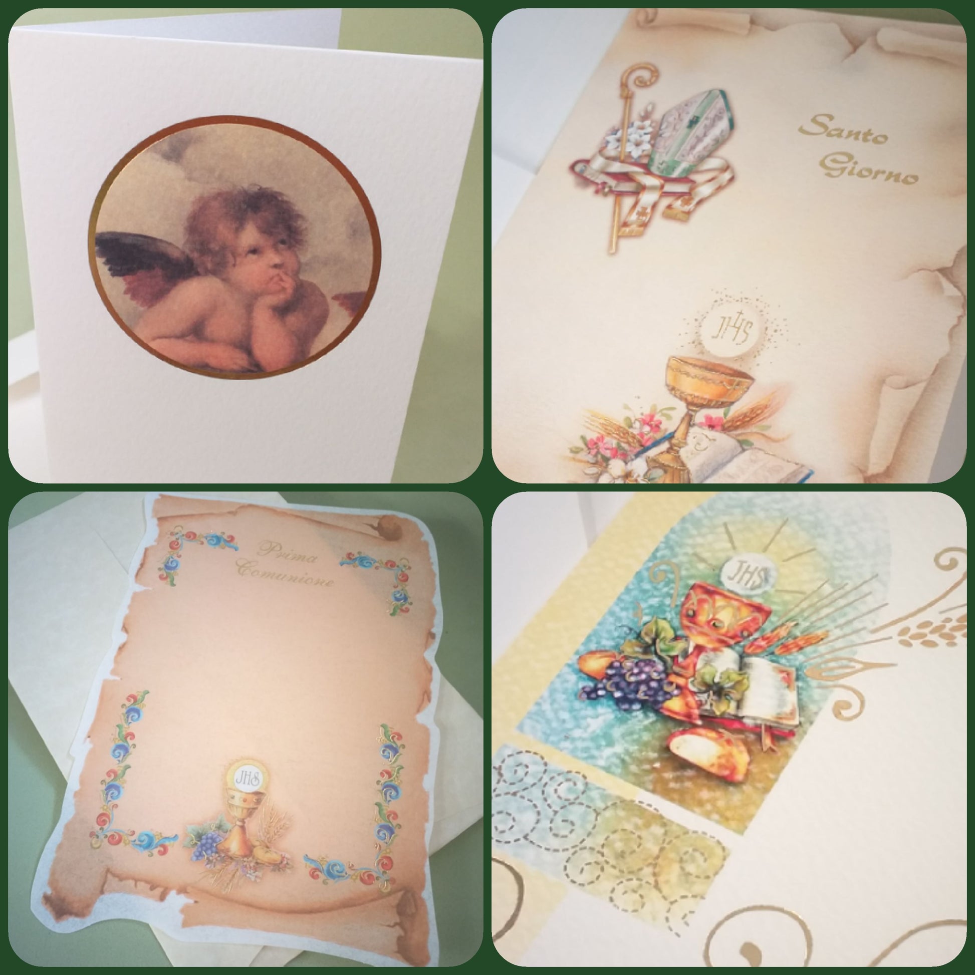 Shop on-line biglietti cartoncini inviti pergamene Prima Comunione Santa Cresima con simboli Calice Spighe uva simboli vescovo da stampare e fai da te