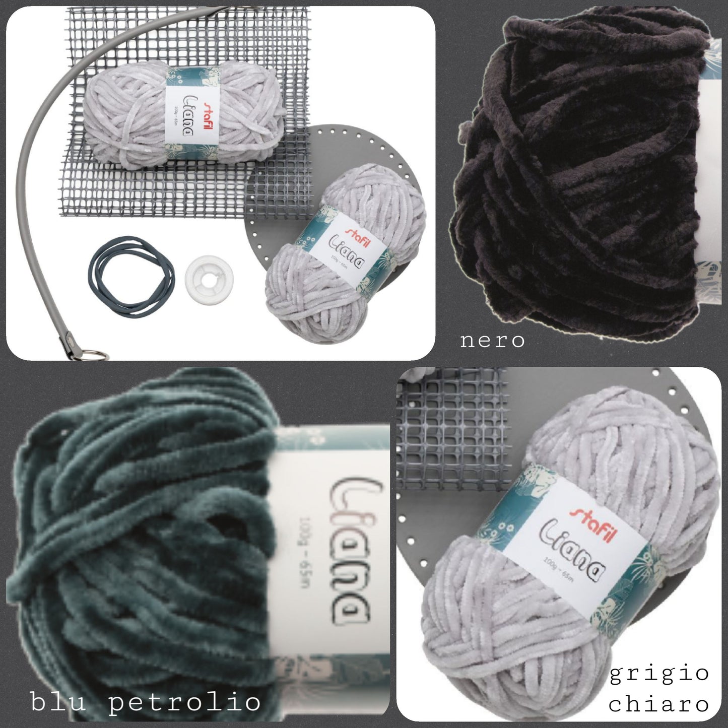 blu nero grigio kit Tania bag Stafil Diy spiegazioni materiale realizzare borsa fettuccia ciniglia e accessori ecopelle fondo tondo manico occhiello completa di rete canvas cordino cerato istruzioni tutorial passo passo