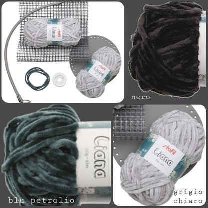 blu nero grigio kit Tania bag Stafil Diy spiegazioni materiale realizzare borsa fettuccia ciniglia e accessori ecopelle fondo tondo manico occhiello completa di rete canvas cordino cerato istruzioni tutorial passo passo