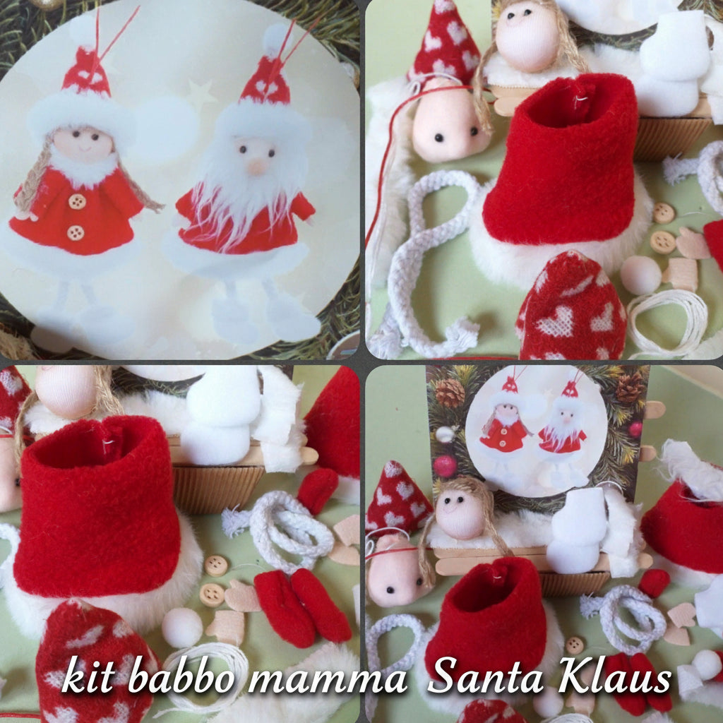 Babbo Mamma Natale Santa Claus di pannolenci, Christmas set do it yourself | Kit lavoretti creativi feltro Natale bambole occorrente spiegazioni materiali creativi imbottitura tessuto peluche testa disegnata tubolari cordone bottoncini mani piedi