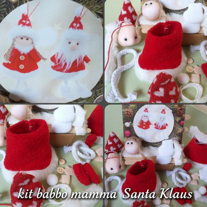 Babbo Mamma Natale Santa Claus di pannolenci, Christmas set do it yourself | Kit lavoretti creativi feltro Natale bambole occorrente spiegazioni materiali creativi imbottitura tessuto peluche testa disegnata tubolari cordone bottoncini mani piedi