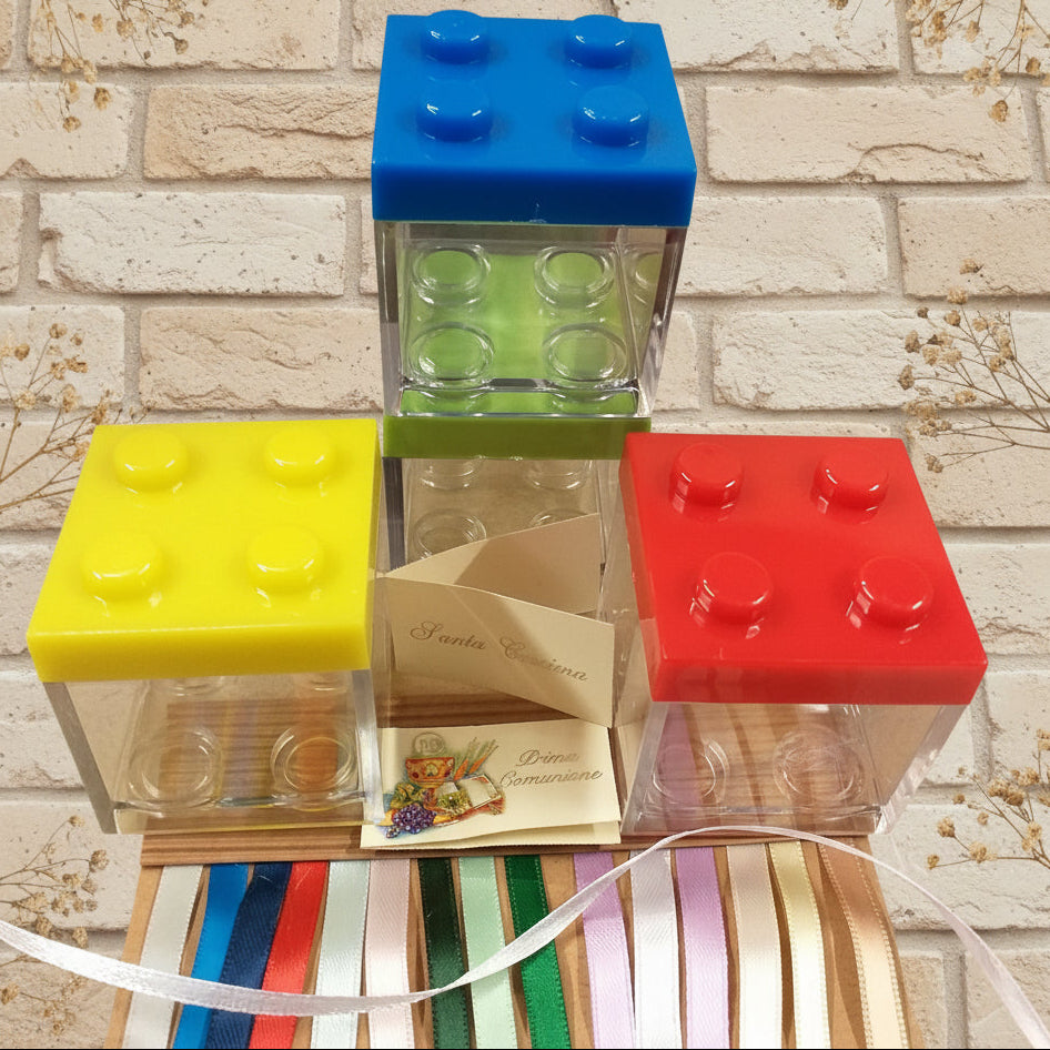 Kit fai da te colori confezionamento nastri per scatolina portaconfetti trasparente plastica plexiglass bomboniera mattoncino simil-lego per costruzioni