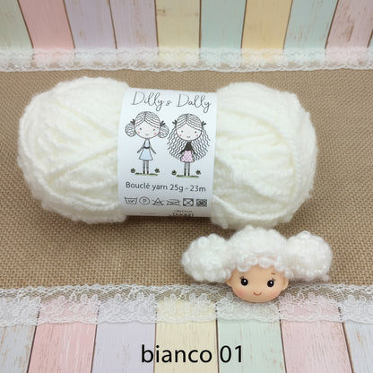 25 grammi 23 metri colore bianco 01 lana bouclè filato boccoli ricciolino per creare bambole stoffa pezza tessuto pigottine primavera pasqua Doll's Hair stafil ad uso uncinetto ferri da maglia borse shop online