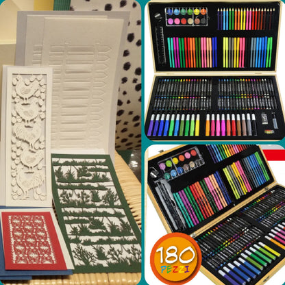 Vetrina negozio cofanetto valigetta artistica lavoretti creativi bambini kit carte cartoncini accessori IBS pennarelli fustellati Pasqua pastelli acquarelli righello colla per creazioni biglietti