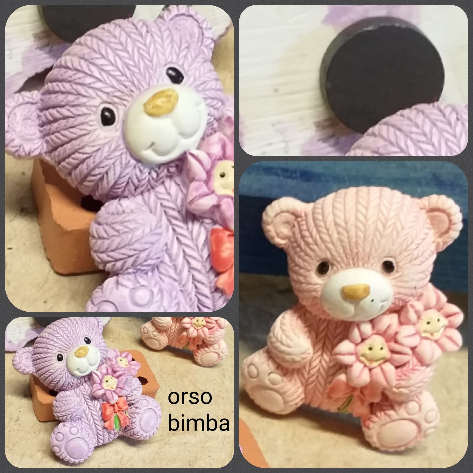 orso bimba rosa lilla con fiorellini orsetti con calamita magnete ricordino regalo oggettino bomboniere nascita battesimo babyshower