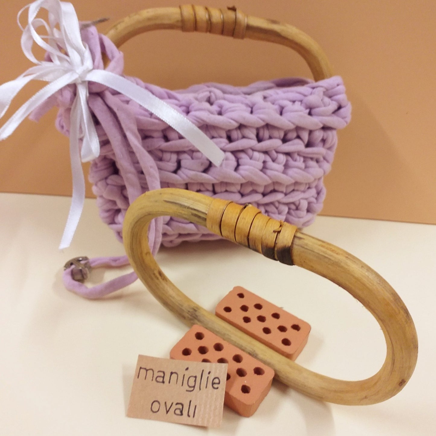 coppia manici bamboo forma ovali maniglie per borsette accessori fai da te uso chiusure borse uncinetto fatte a mano con fettuccia cordini cordoncini rafia tessuto feltro velluto