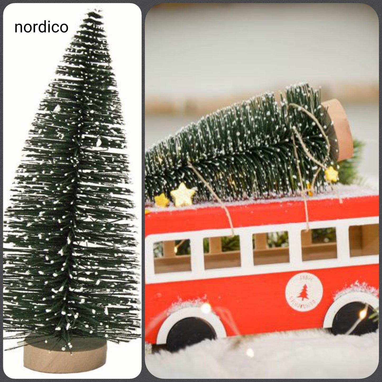 idee creazioni fai da te pulmino natalizio e nordico mini albero di Natale artificiale piccolo da tavolo abete innevato miniature in pino per Presepe uso alberino decorazioni addobbi vetrine