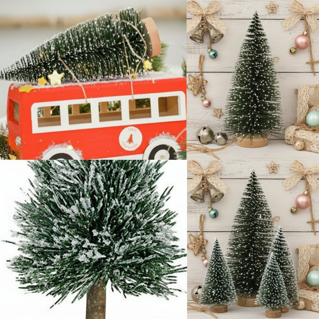 idee creazioni fai da te mini albero di Natale artificiale piccolo da tavolo abete innevato base su tronco legno miniature in pino per Presepe uso alberino decorazioni natalizie addobbi vetrine
