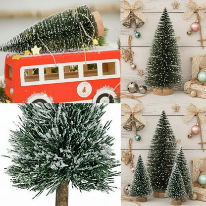idee creazioni fai da te mini albero di Natale artificiale piccolo da tavolo abete innevato base su tronco legno miniature in pino per Presepe uso alberino decorazioni natalizie addobbi vetrine