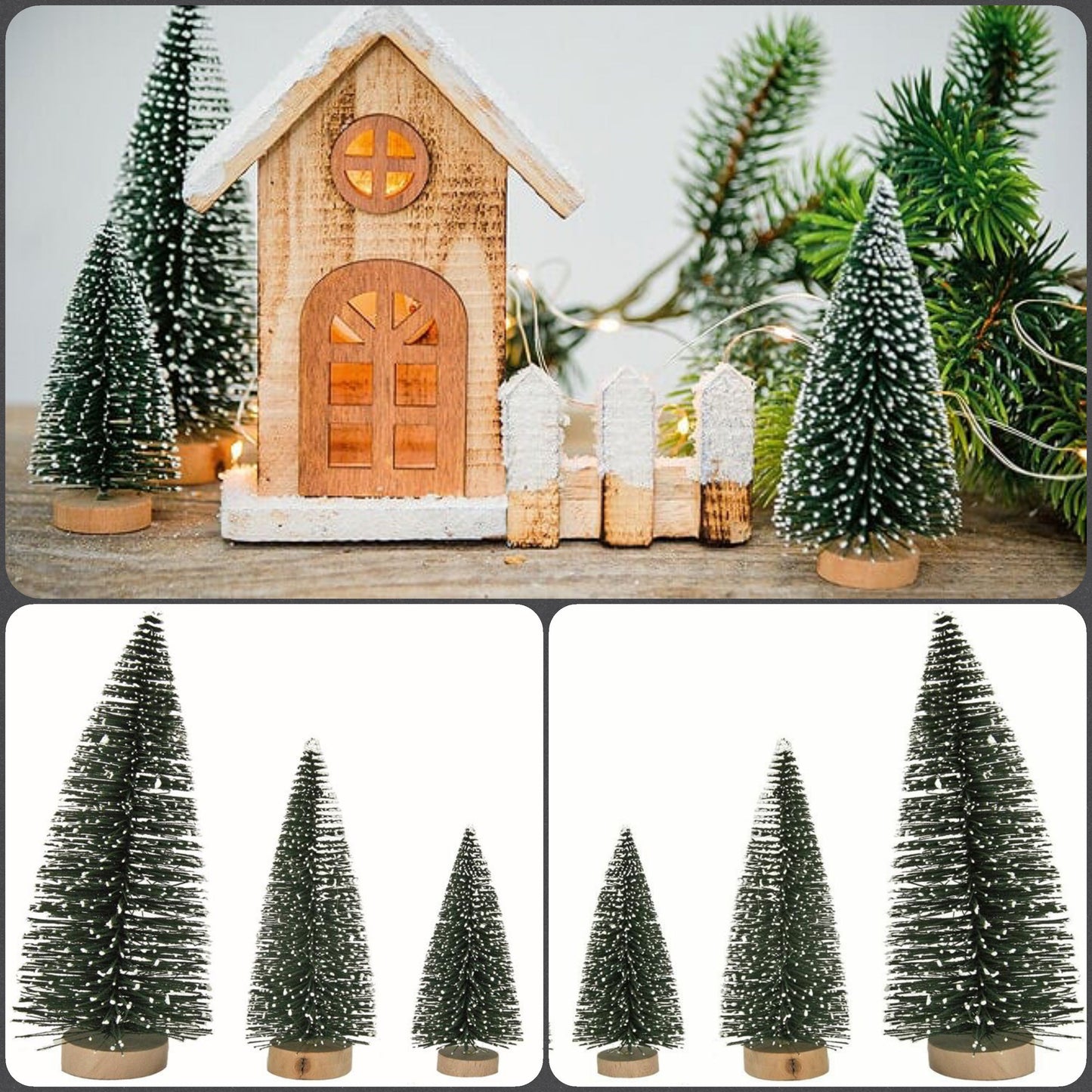 casetta legno lucine Presepe idee fai da te tre misure mini albero di Natale artificiale piccolo da tavolo abete innevato miniature in pino per Presepio uso alberino decorazioni natalizie addobbi vetrine