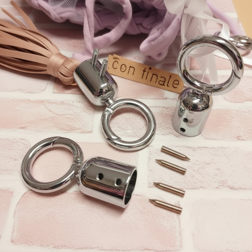 minuterie moschettoni chiusure anello e connettore attacco finale con viti ad uso accessori borse fatte mano fai da te per manici e nappine decorative