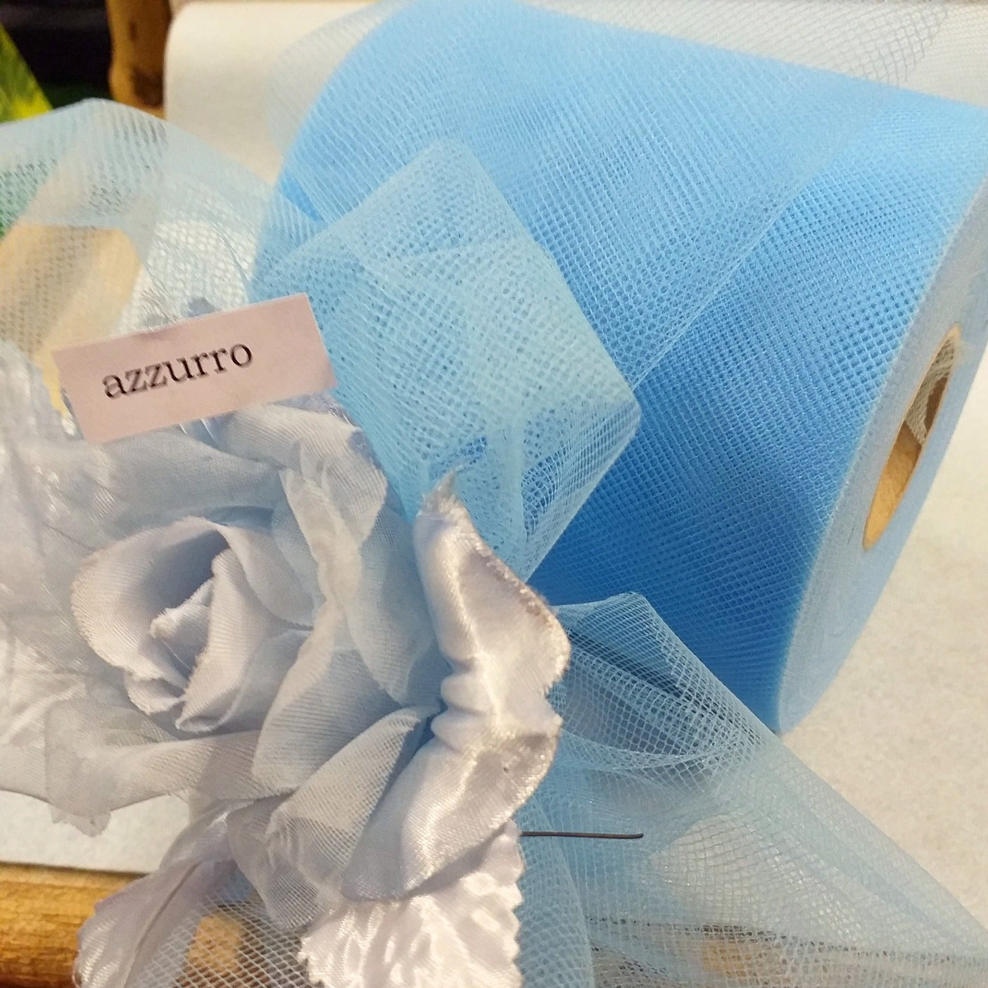 azzurro celeste nastro velo tessuto tulle rotolo metro per bomboniere cucito creativo hobby decorazioni pasquali fioristi pasticceria confezionamento packaging fiocco coccarda nascita bimbo