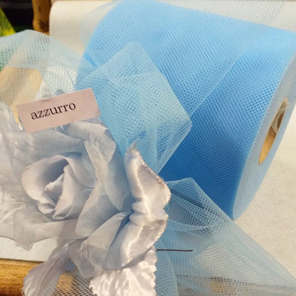 azzurro celeste nastro velo tessuto tulle rotolo metro per bomboniere cucito creativo hobby decorazioni pasquali fioristi pasticceria confezionamento packaging fiocco coccarda nascita bimbo