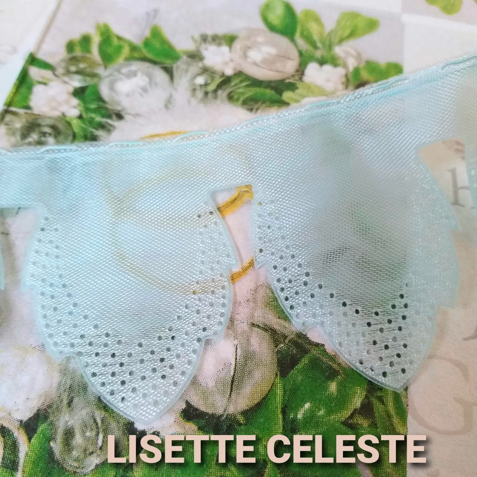 celeste babyshower nascita battesimo lisette nastro portaconfetti con tirante di tulle in organza per petali foglie fiori coccarda fai da te segnaposto bomboniere