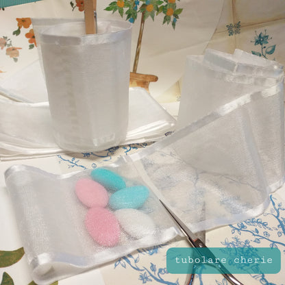 tubico nastro tubolare portaconfetti bianco da tagliare per costruire sacchetto bustina uso creare bomboniere fai da te confezioni lavanda fiori secchi packaging pasticceria