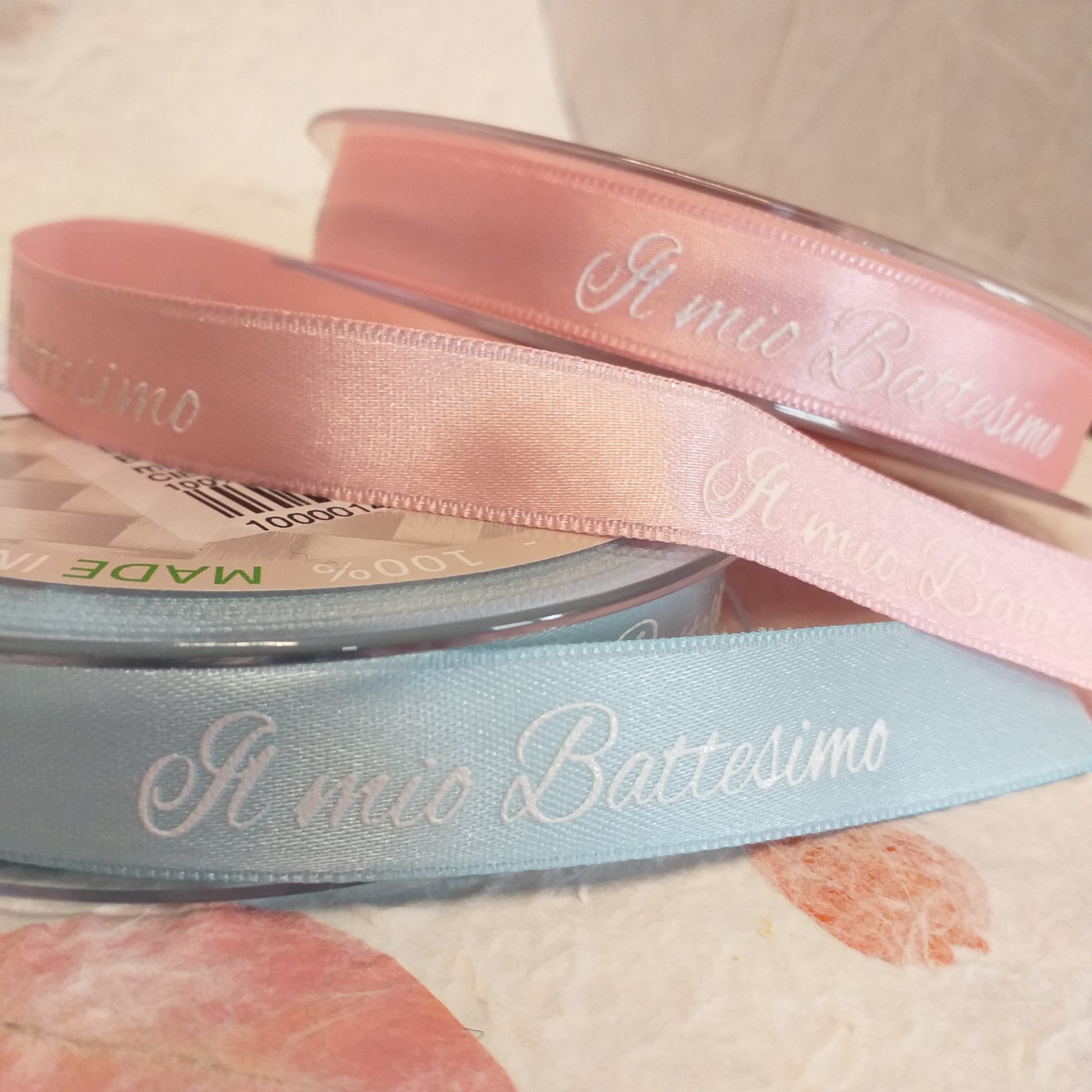 nastro raso stampato con scritta per baby il mio Battesimo colore rosa bimba femminuccia e celeste azzurro bimbo maschietto uso packaging regali confezionamento fai da te bomboniere