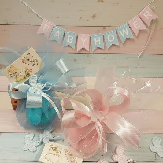 offerta 1 euro bomboniere nascita babyshower battesimo confezionate sacchettini con carrozzina baby colori pastello per bimba femminuccia celeste maschio azzurro