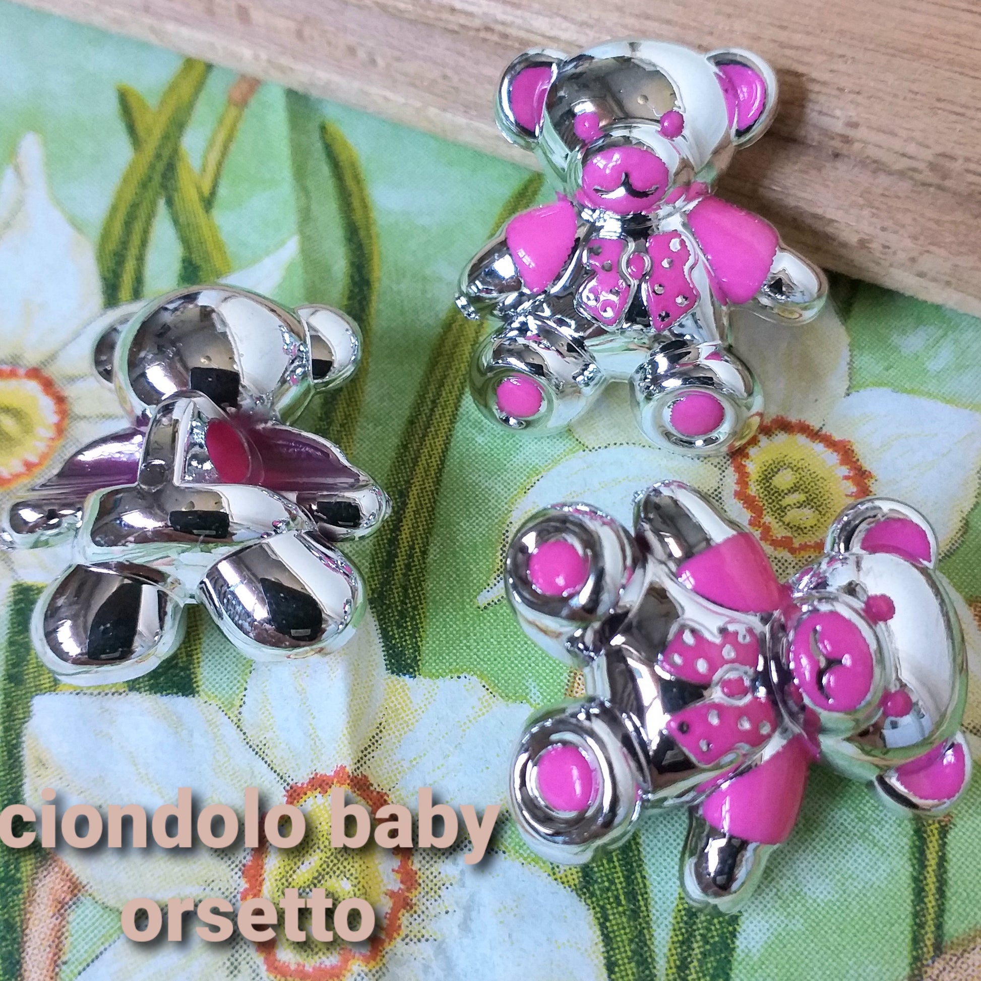 ciondolo argento rosa baby orsetti bomboniere battesimo nascita statuine centro torta babyshower gemelline