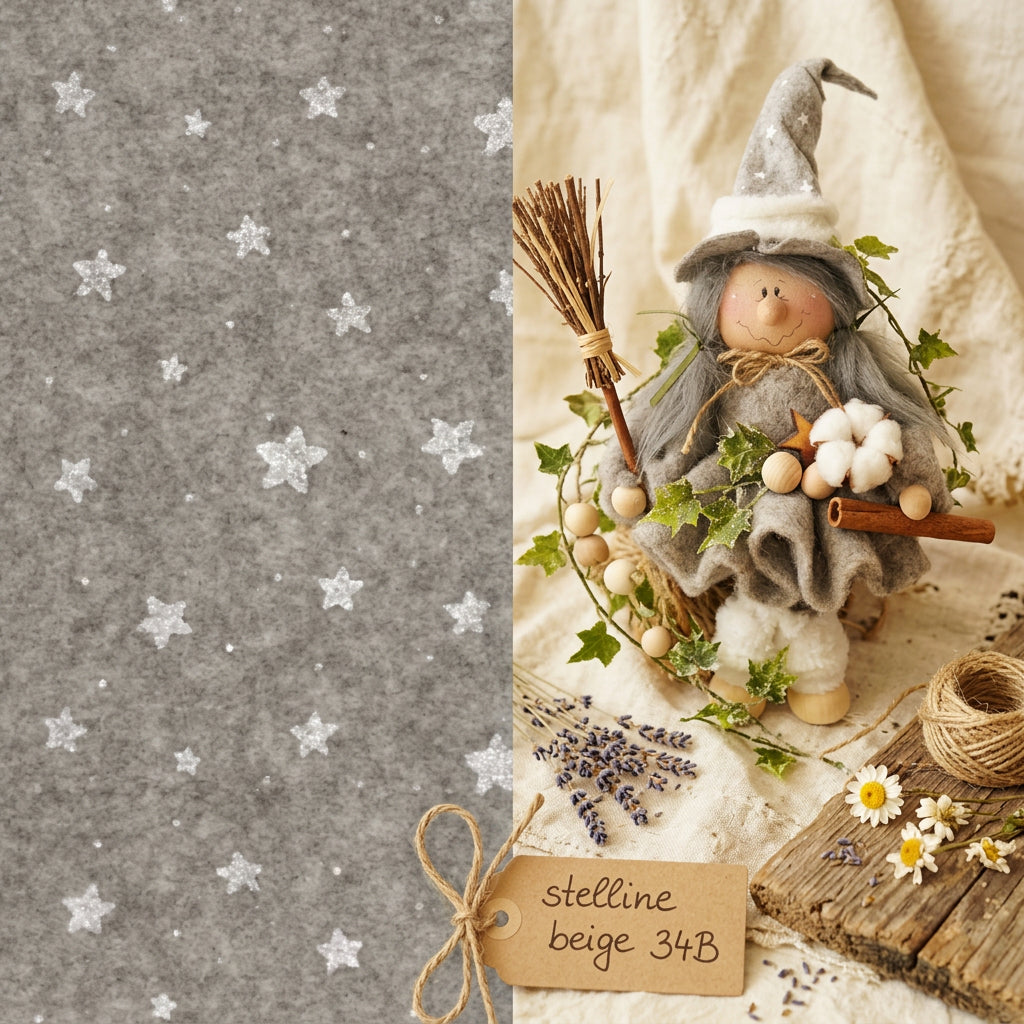 pannolenci stampato natalizio feltro morbido fantasia stelline beige idea fai da te befanella Epifania Natale streghetta Halloween