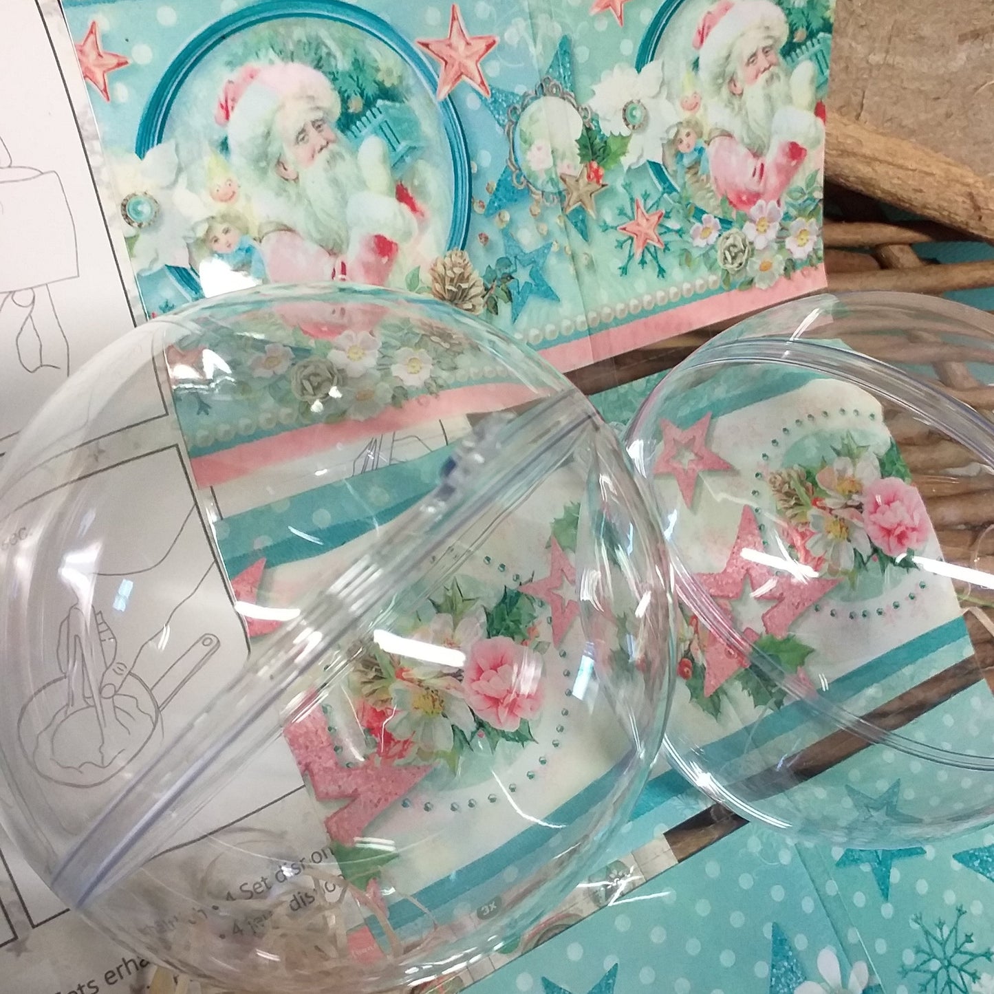 Babbo Natale vintage shabby chic stelle fiori figurine pellicola termoretraibile fascetta termomodellabile termoformabile uso découpage natalizio su plastica vetro plexiglass kit con sfere palline acrilico trasparente