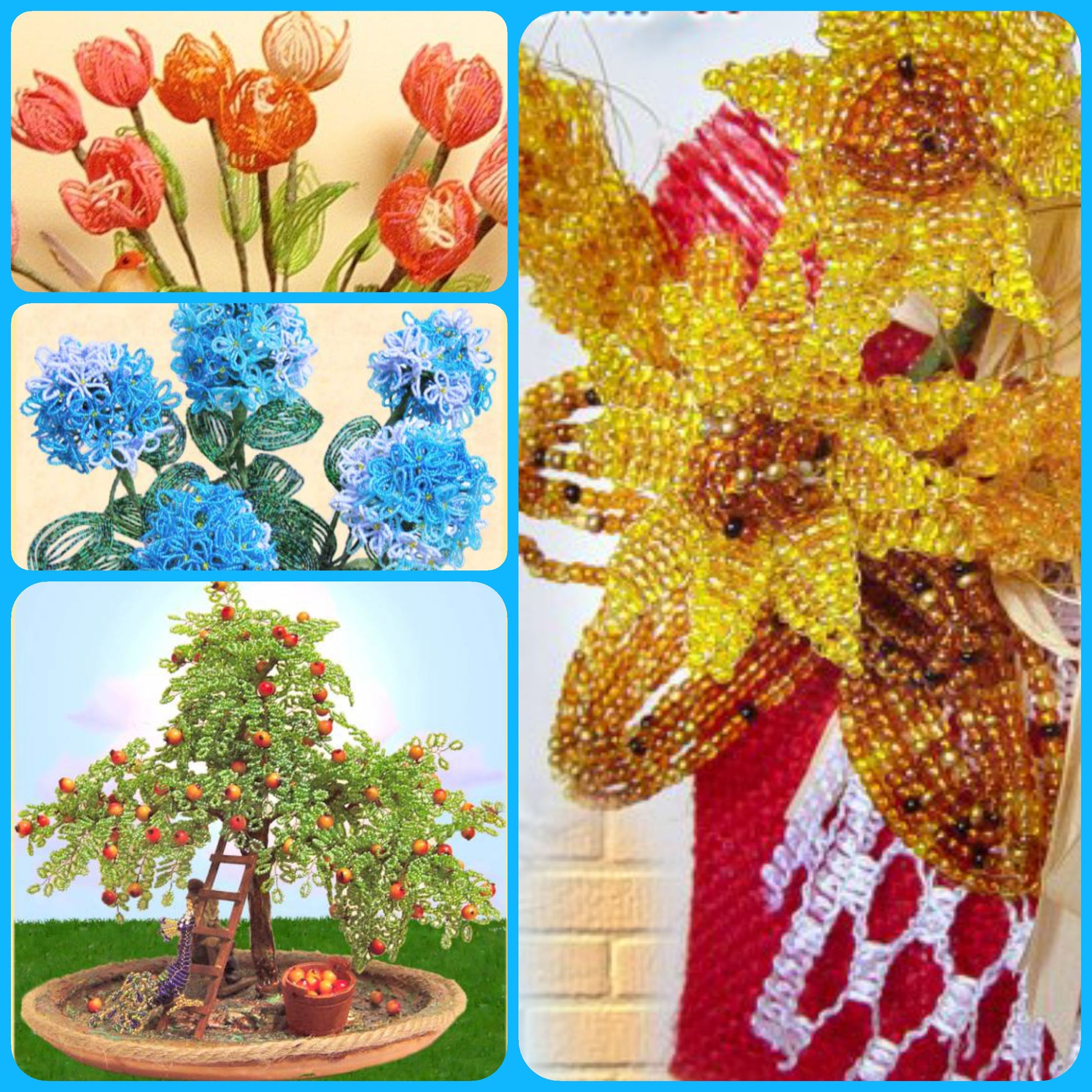 idee creazioni con perline di conteria rocailles di vetro iridescente fiori tulipani Girasoli Ortensie bonsai albero Melo