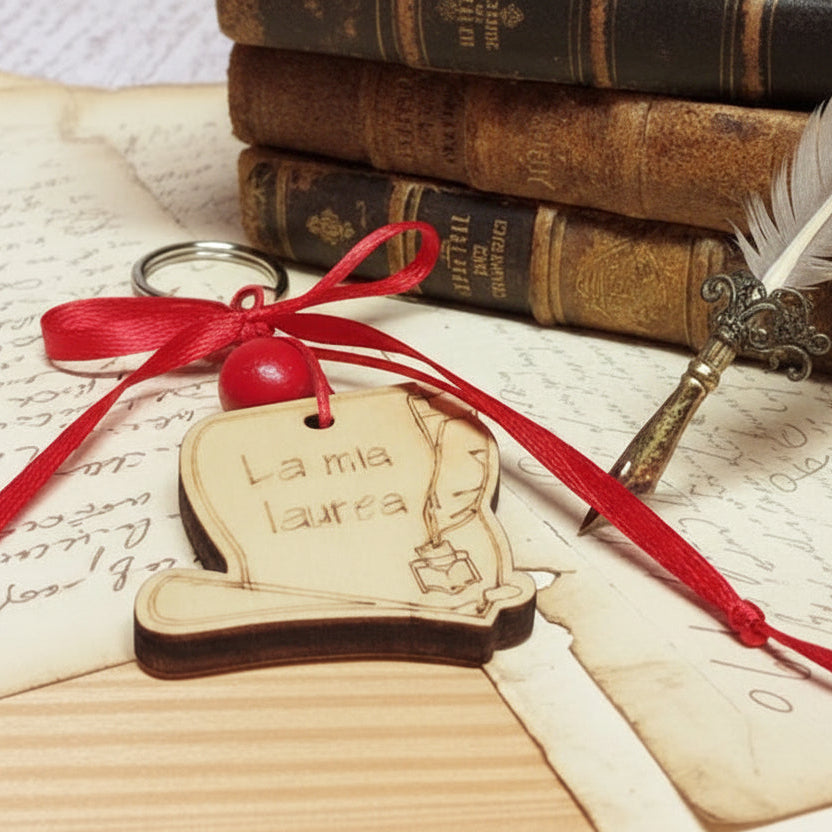pergamena inchiostro calamaio portachiavi laurea ciondolo legno fatto a mano con perline corda rossa fiocchetto per bomboniere fai da te originali diploma magistrale facoltà universitarie