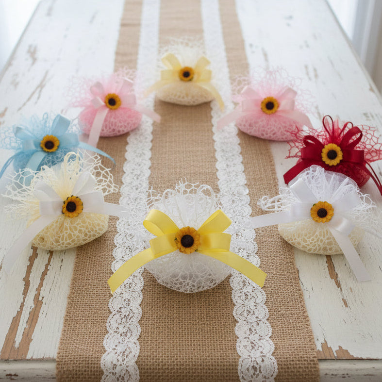 scelta colori sacchettini rete tulle sacchetti matrimonio coccarda girasoli bomboniere confezionate confetti bigliettino stampato o kit fai da te