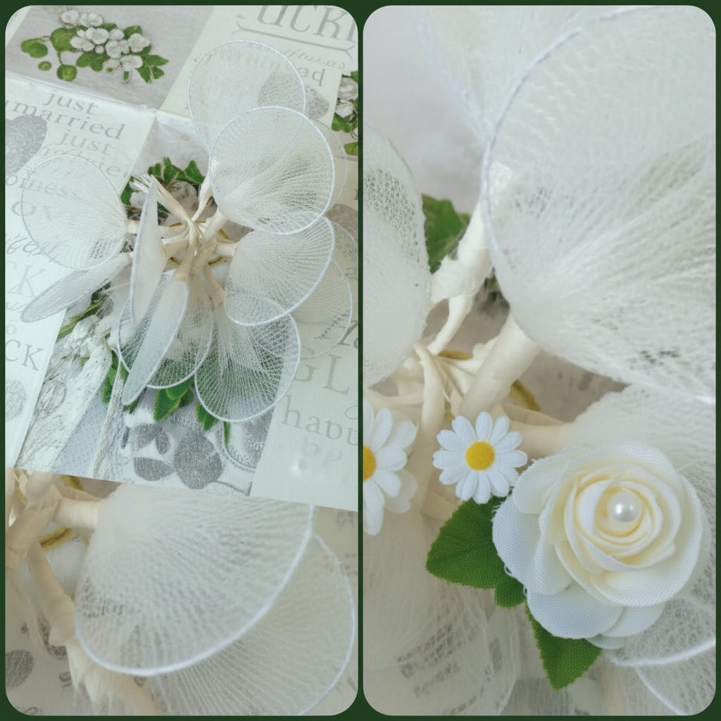 racchette bianche panna portaconfetti foglie di tulle con ferro modellabile gambo per confezioni scatole bomboniere fiori confetti segnaposto di petali