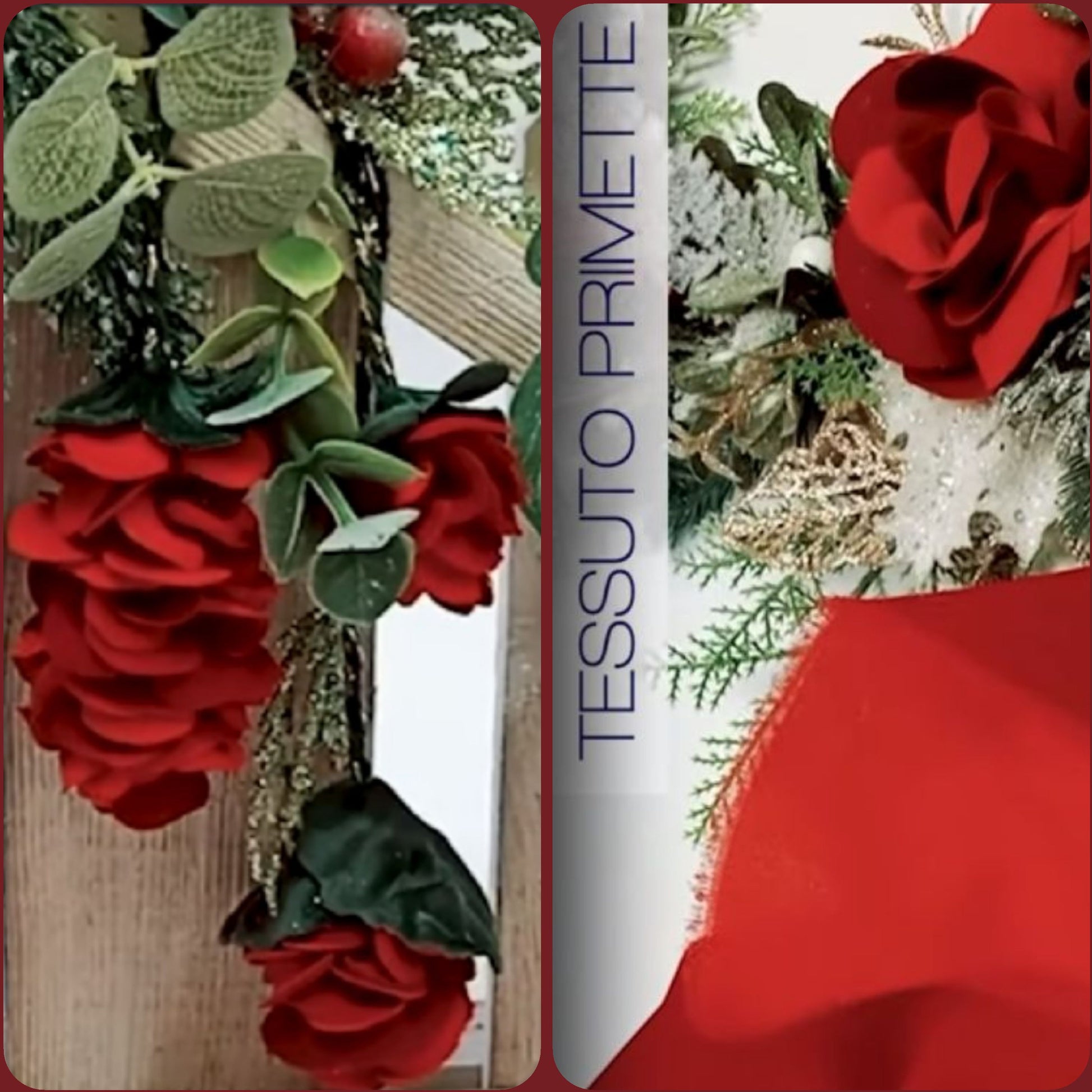 composizione violette Natale fiori rose foglie sepali con tessuto primette renkalik termoformabile colore rosso bordeaux velluto verde