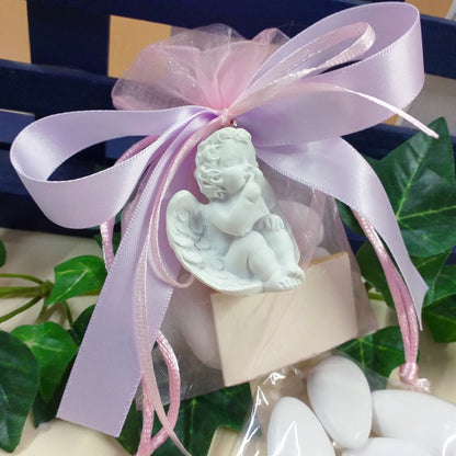 angioletti bianchi come ciondolo portachiavi bomboniere angeli stilizzati con sacchetto rosa lilla confetti bigliettino battesimo comunione cresima compleanno bimba ragazza