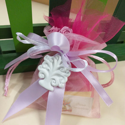 laterale sacchettini bomboniere organza gessetto albero della vita per confettata e segnaposto matrimonio Prima Comunione Santa Cresima Battesimo bimba femminuccia confezionati confetti e bigliettino personalizzato roselline