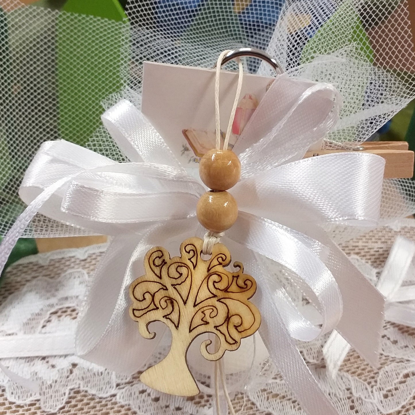 Bianco matrimonio Bomboniere albero della vita portachiavi legno confezionate o kit fai da te colori sacchetto nastro con bigliettino comunione cresima battesimo 