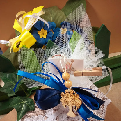 Giallo o blu parma Bomboniere albero della vita portachiavi legno confezionate o kit fai da te colori sacchetto nastro con bigliettino comunione cresima battesimo 