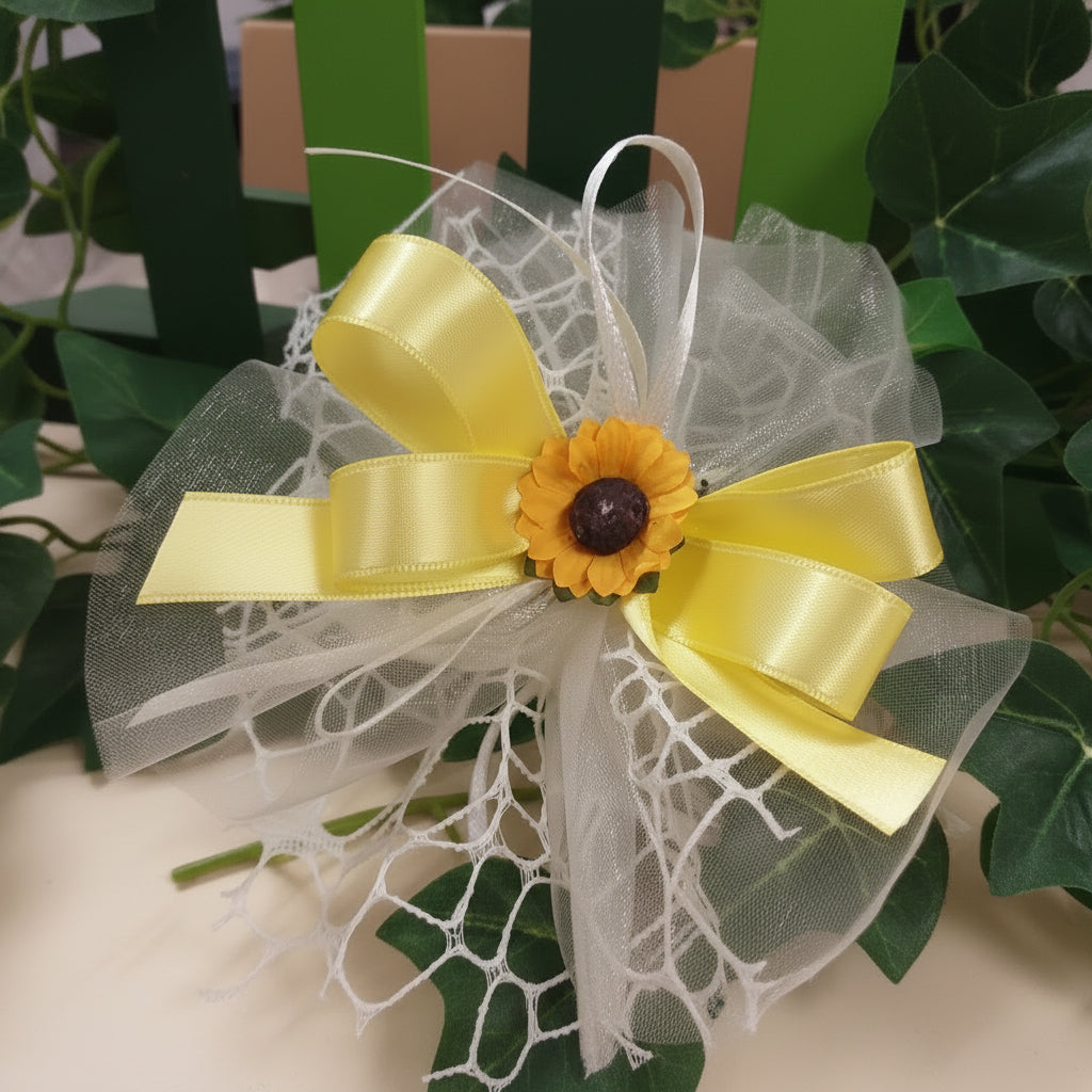 bianco panna avorio rete tulle sacchetti matrimonio coccarda girasoli bomboniere confezionate confetti bigliettino stampato o kit fai da te