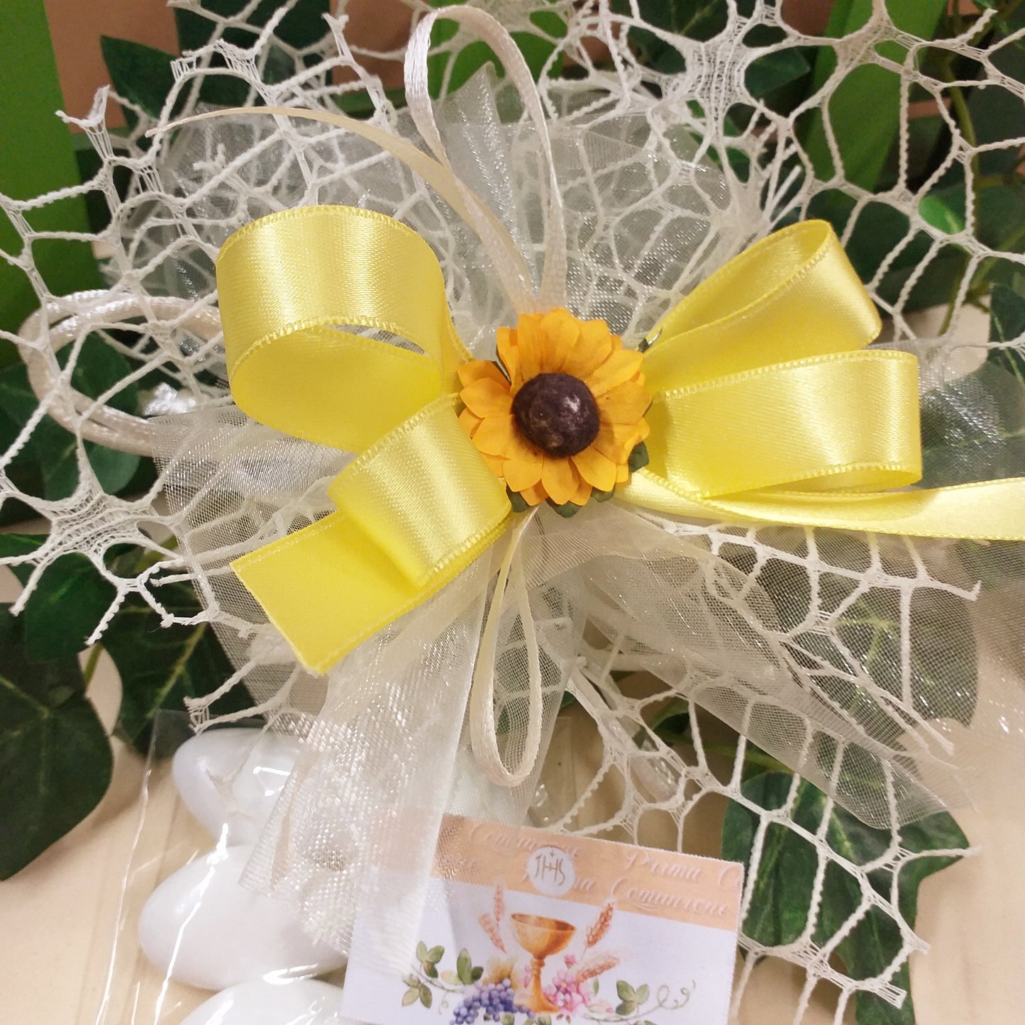 rete tulle panna avorio sacchetti matrimonio prima comunione coccarda girasoli bomboniere confezionate confetti bigliettino stampato o kit fai da te