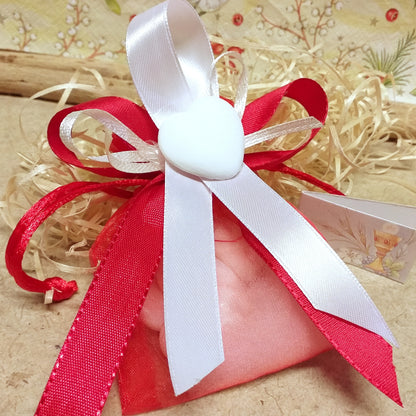sacchetto rosso gessetto cuore bomboniere Prima Comunione Santa Cresima Battesimo nascita matrimonio laurea nastri originali bigliettino stampato confezionati 5 confetti mandorla o cioccolato