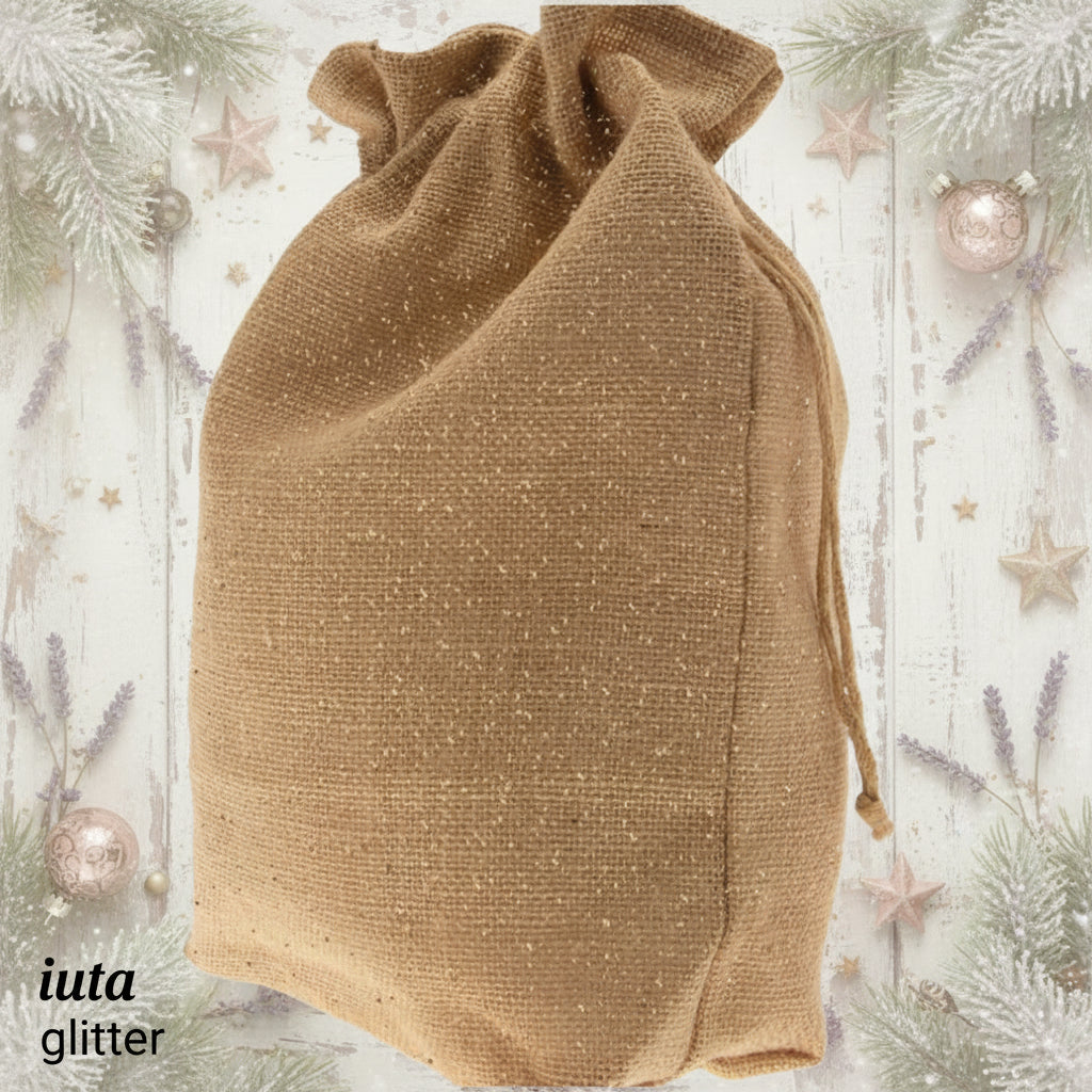 sacco juta brillantini glitter uso fai da te hobbistica stelle di Natale per decorare porta-panettone confezione regalo vetrinistica packaging albero