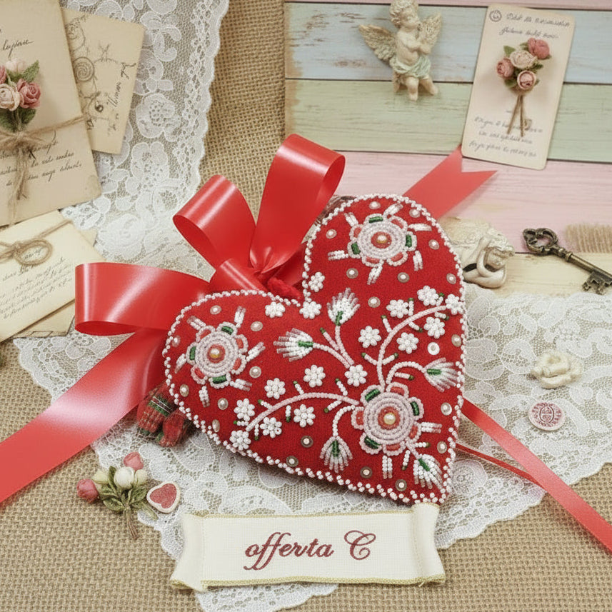 cuore velluto ricamato perline lustrini paillettes shop online offerte stock vetrina San Valentino idee regalo economiche originali particolari artigianali per lei e lui festa innamorati 14 febbraio love confezione packaging  fiocco