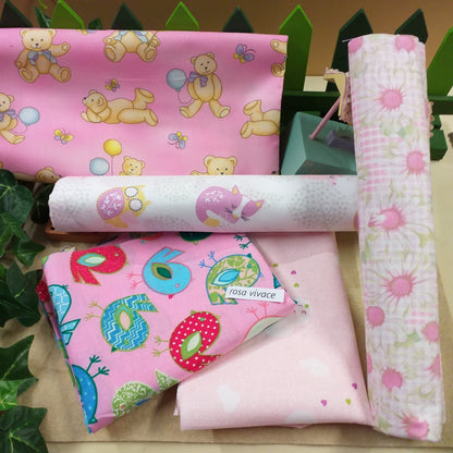 rosa vivace orsacchiotto margherite gattino gufo Cotonina scampoli in stoffa 100% cotone tessuto fantasia bimba stampato patchwork cucito e hobby creativi uso cucire fiocco nascita neonata corredino cameretta