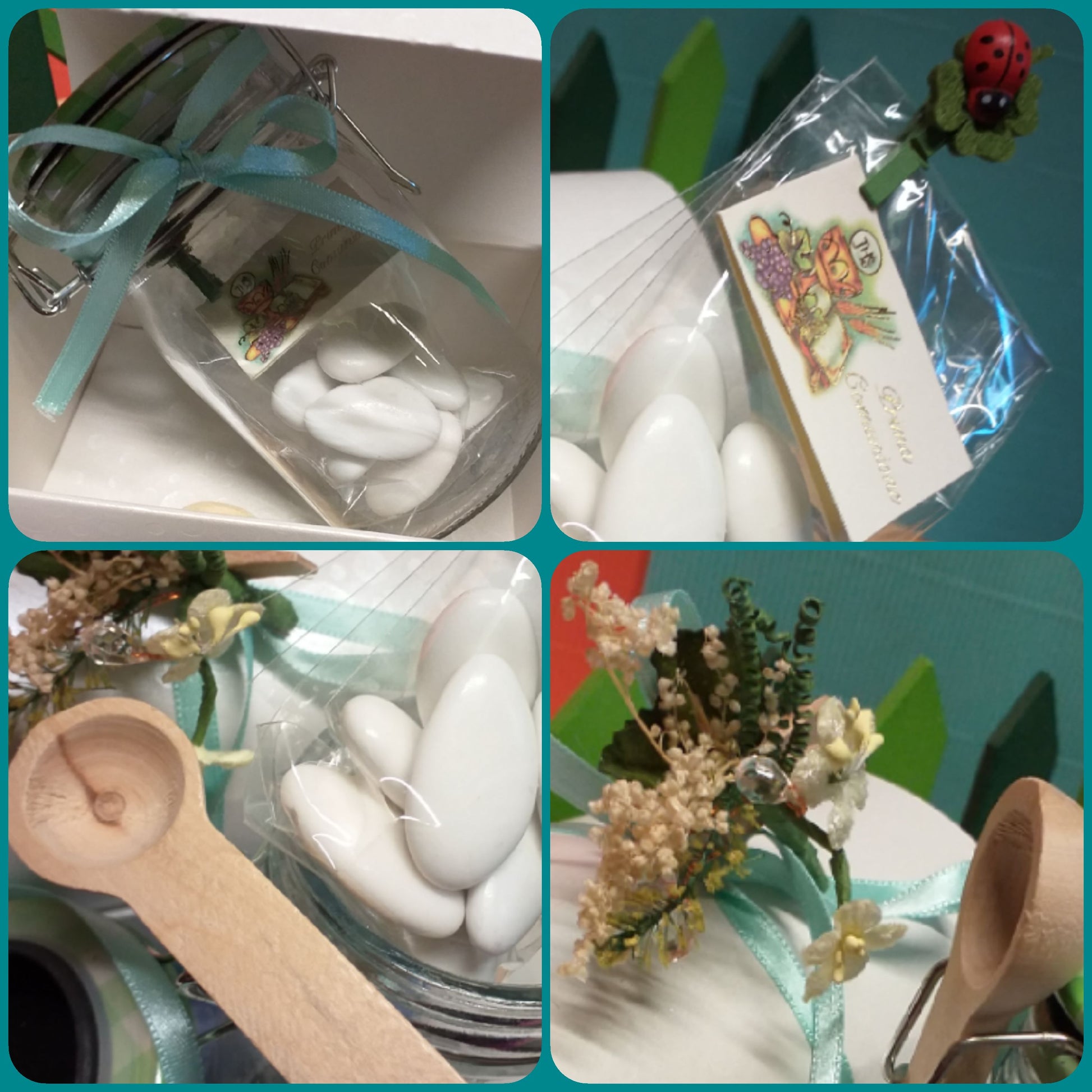 cofanetto bianco scatola di confezione bomboniere vasetti portaconfetti nastro, bustina confetti bigliettino comunione cresima molletta coccinella, cucchiaio di legno, clip fiori