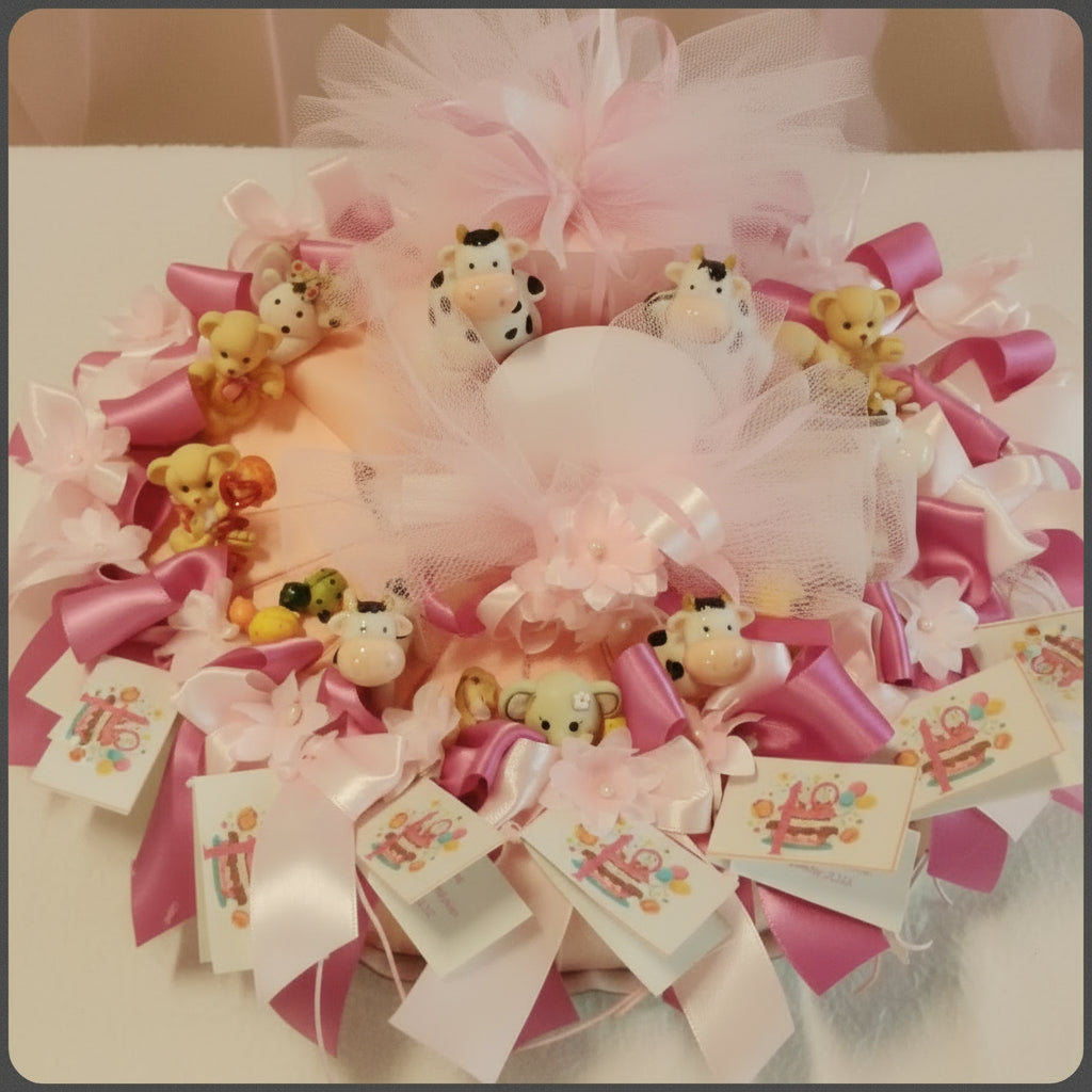 rosa nascita bimba Battesimo bambina 1° compleanno scatoline fetta di torta bomboniere da decorare con animaletti per confezione regalo e portaconfetti