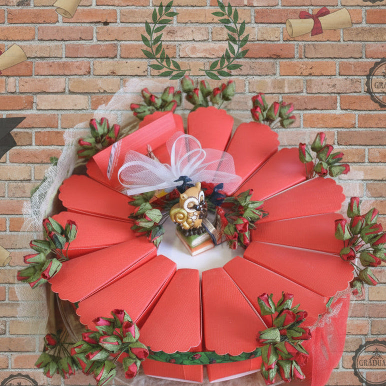 laurea o diciottesimo compleanno scatoline fetta di torta bomboniere da decorare come portaconfetti e confezione regalo decoupage roselline gufetto laureato