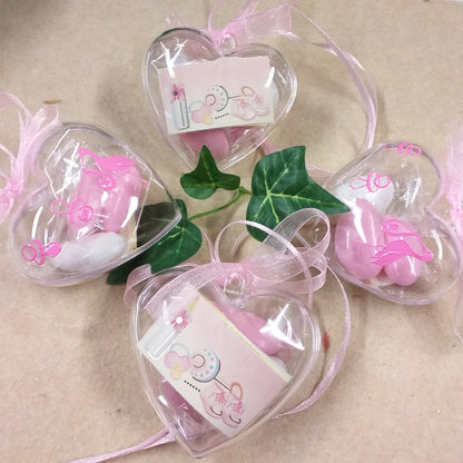 dolci ricordini pensierini di scatoline portaconfetti cicogna ciuccio cuori nascita Battesimo bimba femminuccia bomboniere babyshower e allestimento confettata aprifesta confezionate confetti bigliettino biberon