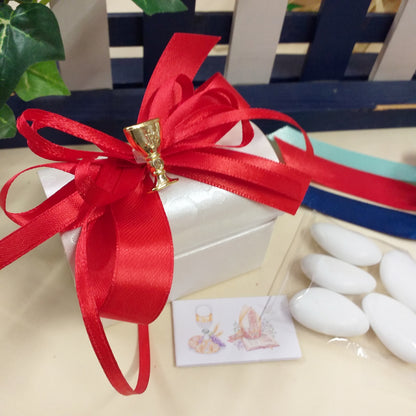 bianco rosso calice Prima Comunione cofanetti scrigno forziere astuccio scatoline portaconfetti simbolo dorato, 5 confetti e bigliettino bomboniere