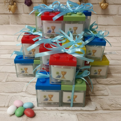 Cresima Comunione confettata di scatoline portaconfetti mattoncini plexiglass tappi simil-lego costruzioni