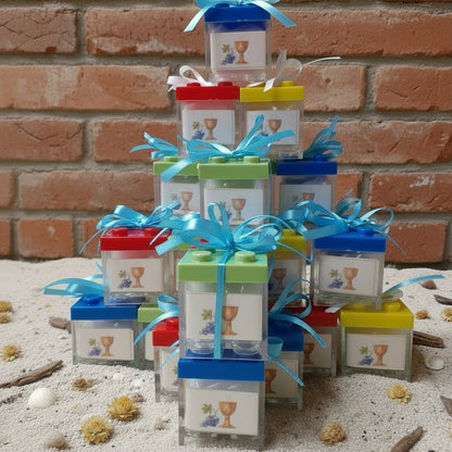 confettata forma costruzioni simil-lego di scatoline portaconfetti mattoncini plexiglass tappi colorati Comunione Cresima