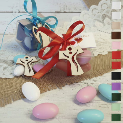 Croce francescana Tau e angioletto legno ciondolo angelo bianco shabby stilizzato scatoline aprifesta segnaposto bomboniere confetti bigliettino confezionate Battesimo Prima Comunione Cresima bambino maschietto