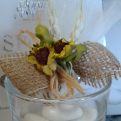 particolare artigianale segnaposto juta matrimonio Cresima Comunione 1 confetto rafia spighe girasoli