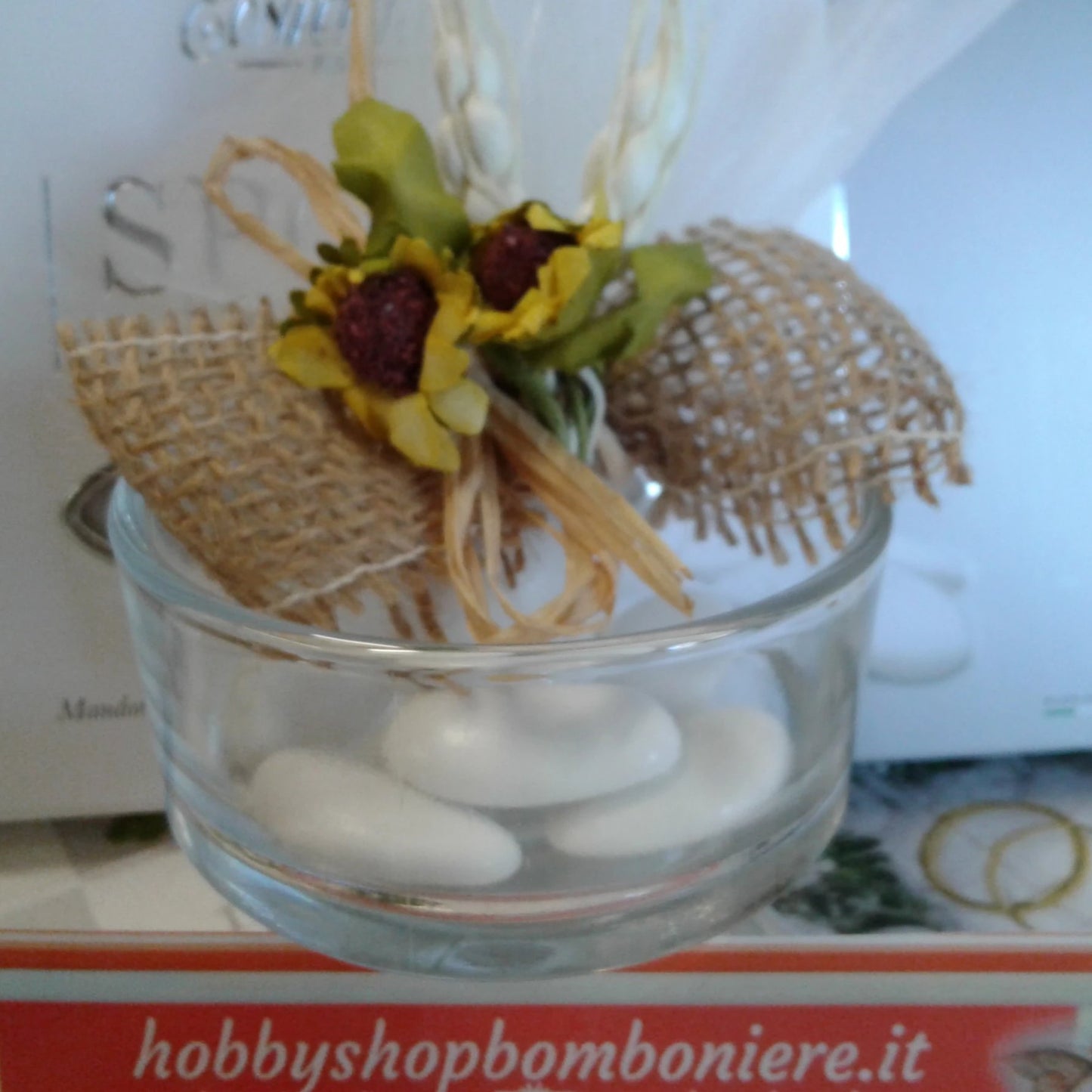 coccarda yuta per segnaposto Comunione Cresima matrimonio artigianale 1 confetto girasoli spighe rafia