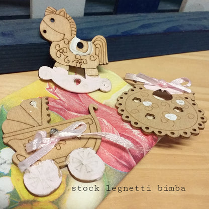 stock 3 legnetti bimba culla carrozzina cavallino bavaglia assortite applicazioni legno ciondoli fai da te bomboniere battesimo nascita hobbistica coccarda fuoriporta